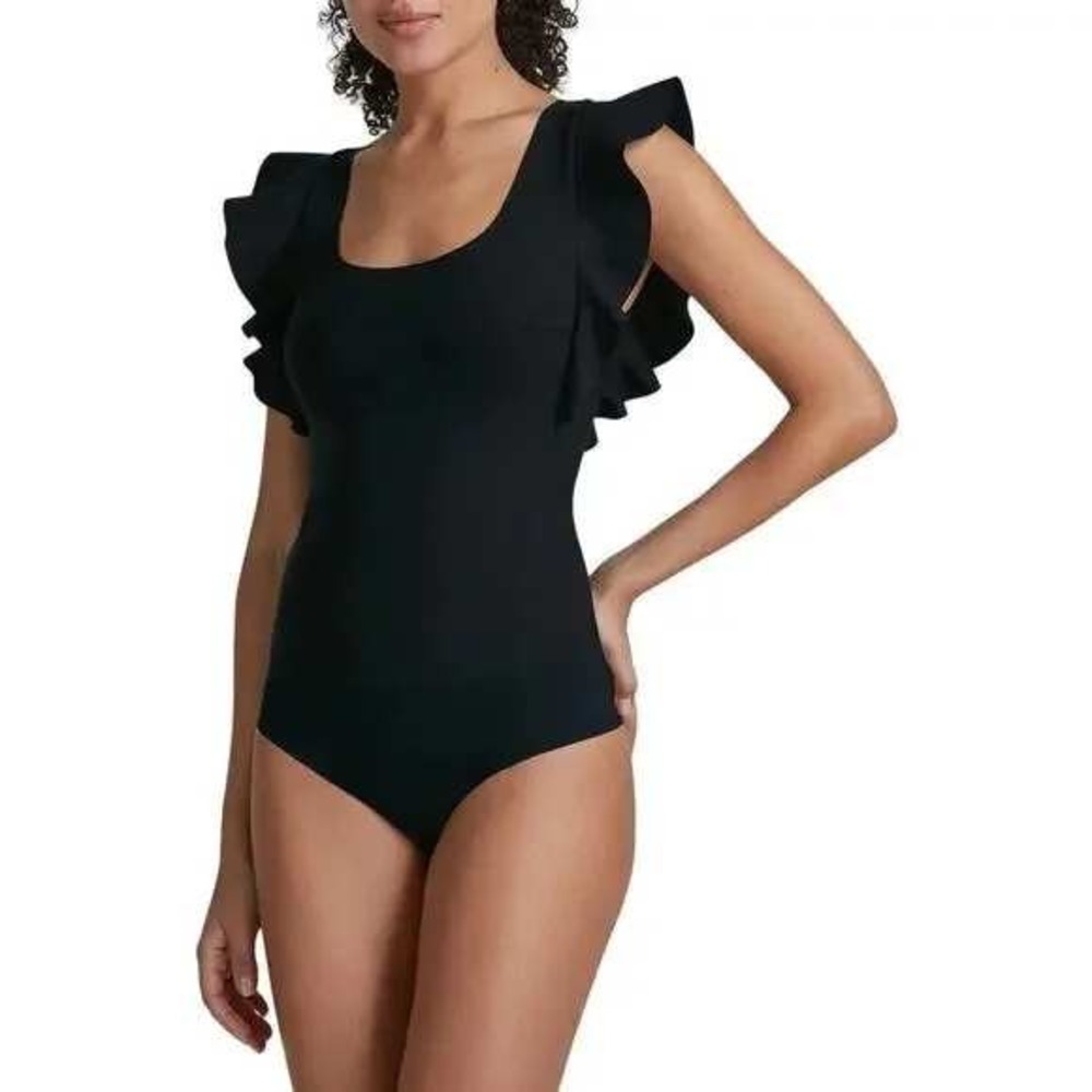 Commando Ruffle Sleeve Bodysuit Womens Black Size M Square‎ Neck Snap Gusset